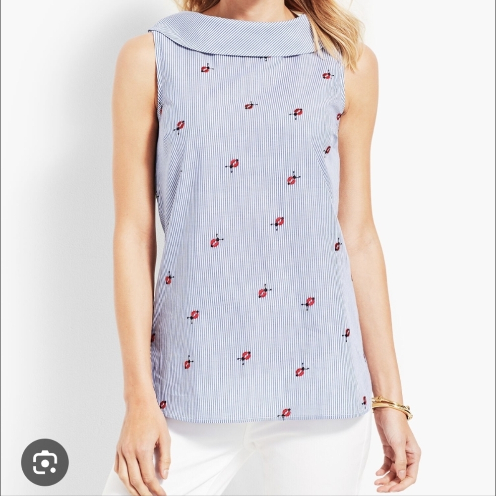 Talbots Ladybug Embroidered Striped Cotton Top sz XS Blue White Coastal Nautical